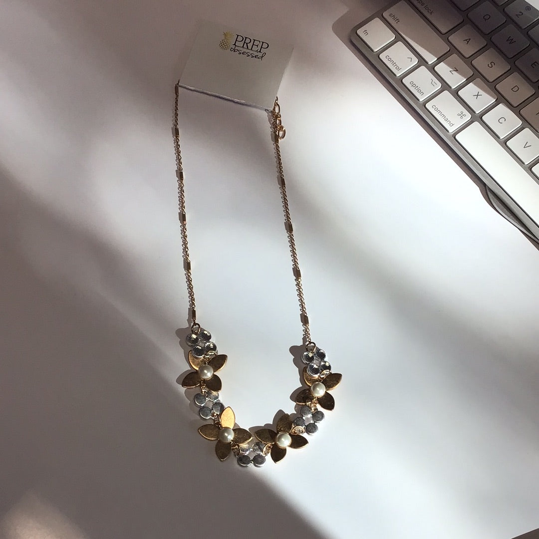Two Tone Pearl Flower Statement Necklace