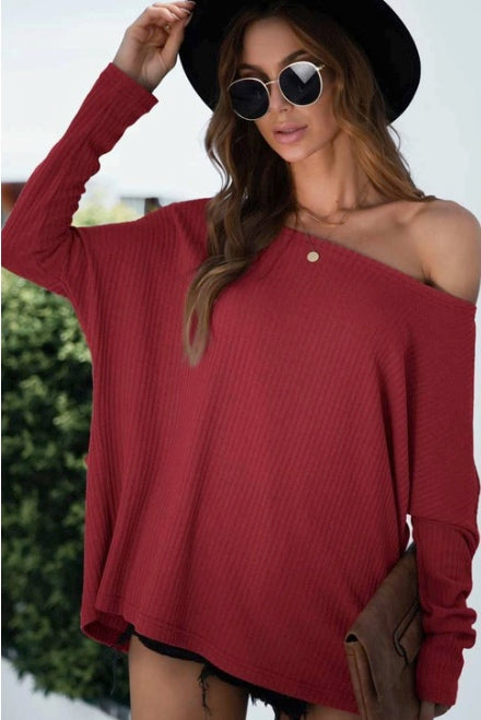 Burgundy Loose Knitted Off-the-Shoulder Top