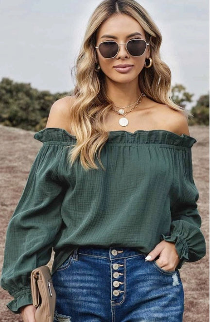 Hunter Green Ruffle Trim Off Shoulder Blouse