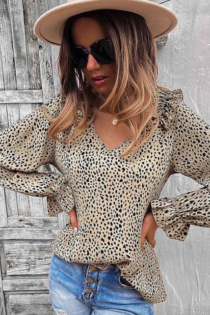 Khaki Dotted Long Sleeve Blouse