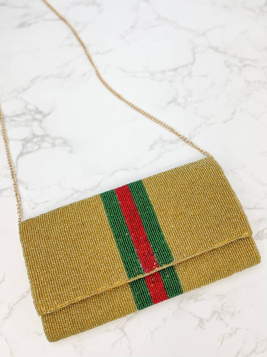 Green & Red Stripe Crossbody Chain Clutch - Gold